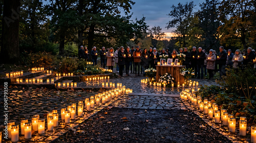 A group of people gathered in a serene outdoor setting surrounded by numerous lit candles at dusk.