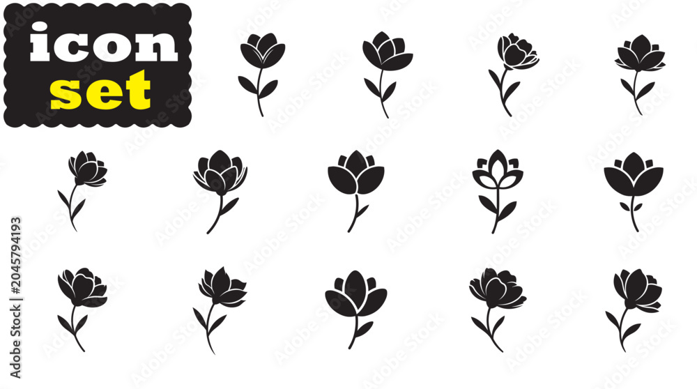 Fototapeta premium Flower Silhouette Vector Set, Minimal Floral Icon Design