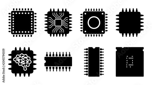 Schilderij op canvas Computer Chip Icons, Microprocessor Set, Electronic Component Vector Graphics