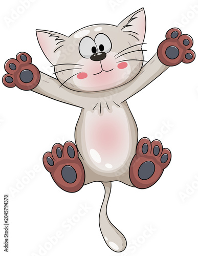 The white cat jumped with its legs spread apart.