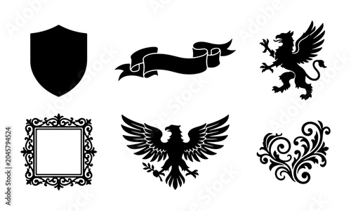 Fényképezés Heraldic Emblems Vector Set: Shield, Griffin, Eagle, Frame, Banner, Flourish