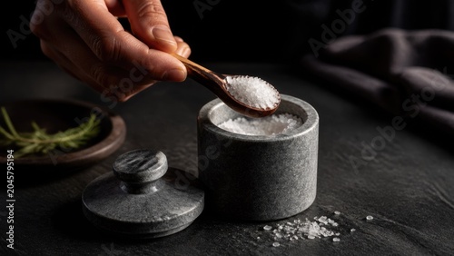 Hand holds wooden spoon with salt above stone jar in kitchen setting during evening preparation