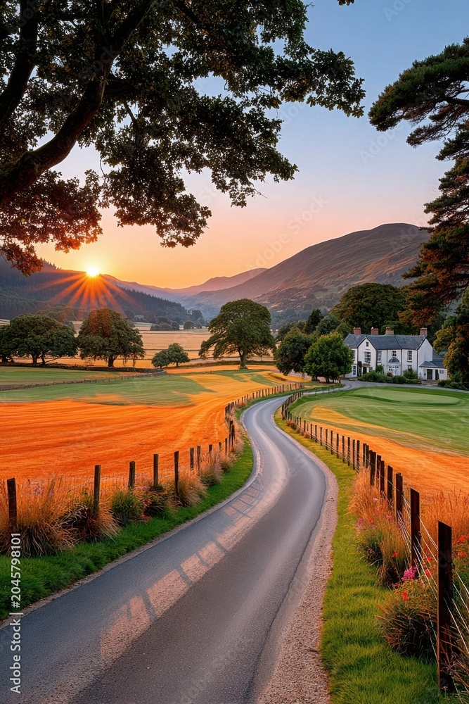 Fototapeta premium Sunset over winding country road leading to a white farmhouse in golden fields