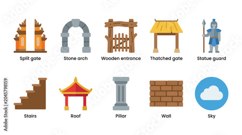 Quadro em tela Medieval castle architecture elements icons.