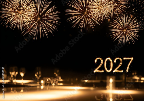 Golden fireworks exploding in night sky over a table set for celebration in 2027