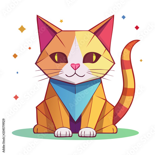 Cute Geometric Cat Illustration with Blue Bandana