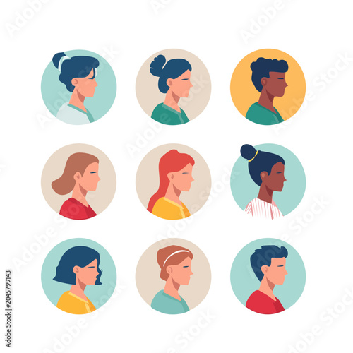 Diverse people portraits in profile, flat design