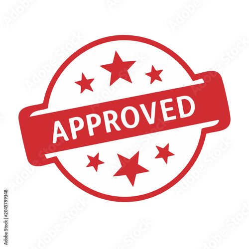 Red approved stamp with stars on white background