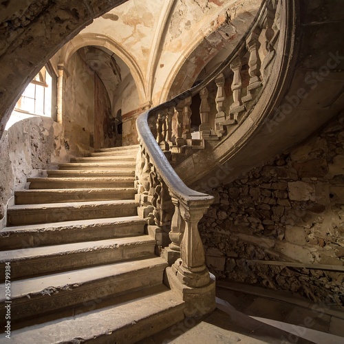 A stone staircase winds upward in a historic building, with a weathered banister and aging plaster walls. Sunlight streams in