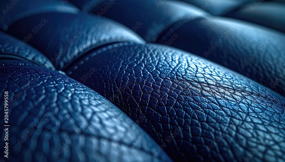 Fototapeta premium Close-up view of the texture of a dark blue quilted leather surface.
