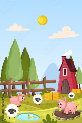  charming illustration of a farm scene featuring happy pigs in a mud puddle, fluffy sheep, a beautiful duck pond, a traditional red barn, and hay