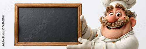 A Friendly 3D Cartoon Chef Holding an Empty Blackboard Menu Sign with Copy Space, Isolated on White Background for Restaurant Promo or a Template for a Restaurant Menu. Generative Ai.