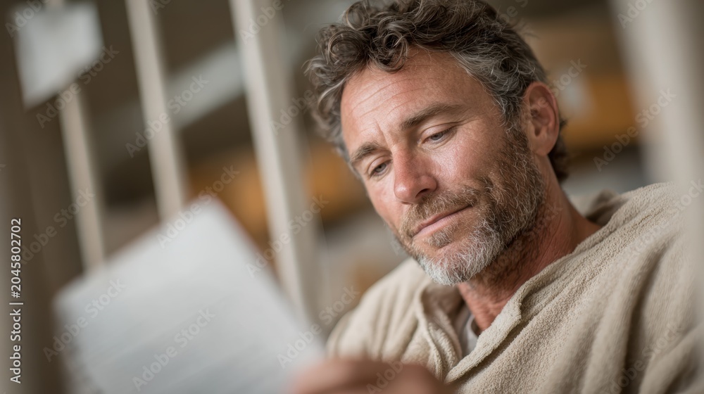 Fototapeta premium A thoughtful man immersed in reading, capturing the essence of reflection and solitude, framed by natural light enhancing the emotive atmosphere and depth of the moment.