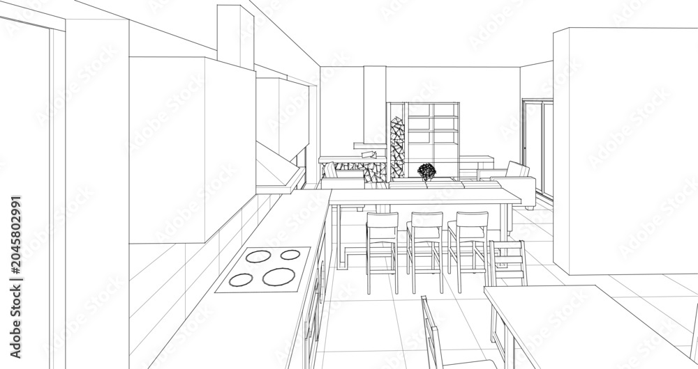 Fototapeta premium interior kitchen living room 3d illustration