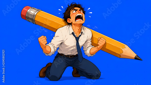 Frustrated anime office worker screaming under a giant pencil burden on blue, showing work stress.