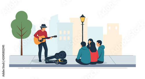 Man playing guitar on city sidewalk.
