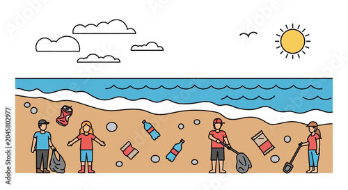 People cleaning up beach trash waste.