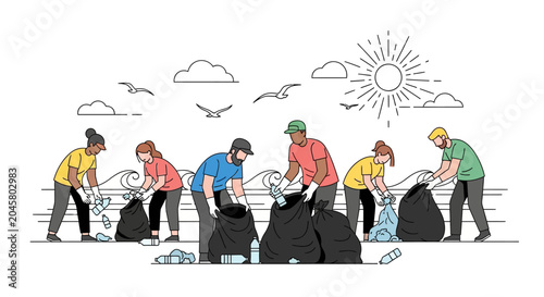 People collecting garbage in bags.