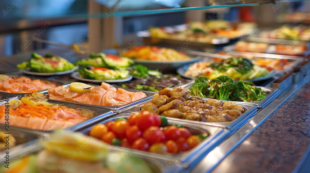 Obraz premium Abundant Hot and Cold Buffet Spread with Fresh Seafood and Vegetables