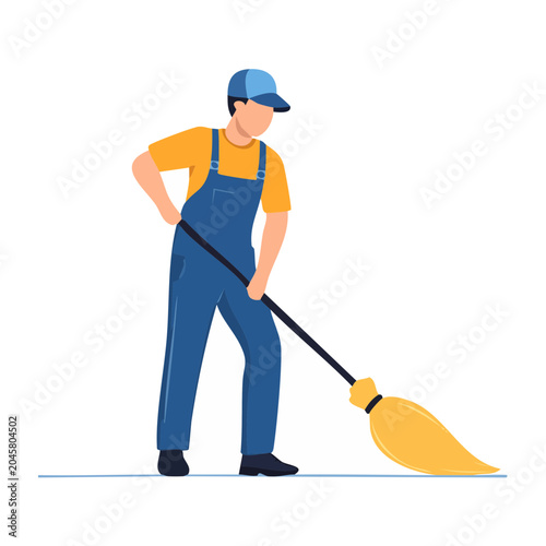 Cleaner sweeping with a broom, flat design illustration