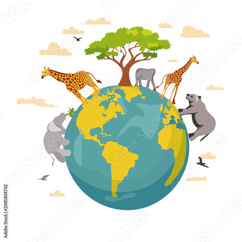 Flat design illustration of animals on planet Earth