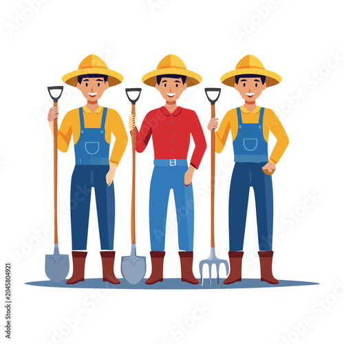 Three farmers with farming tools