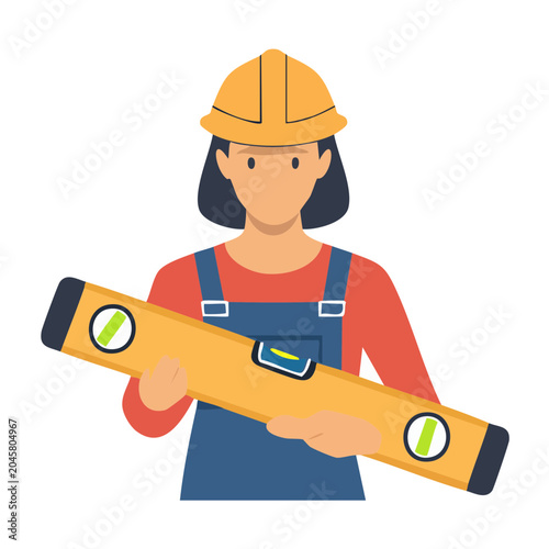 Woman construction worker holding a spirit level