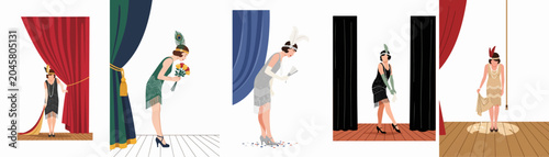 Foto Set of Vintage Illustrations Featuring 1920s Flapper Girls in Elegant Outfits Performing on Stage with Theatrical Curtains and Spotlights