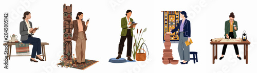 Foto Set of illustrations depicting professional women working as archaeologists, anthropologists, and historians, researching artifacts, exploring cultures, and documenting history in various settings