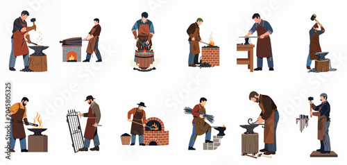 Foto Collection of professional blacksmiths characters working with metal, fire, and hammers in traditional forge workshops, flat vector illustration set on white background