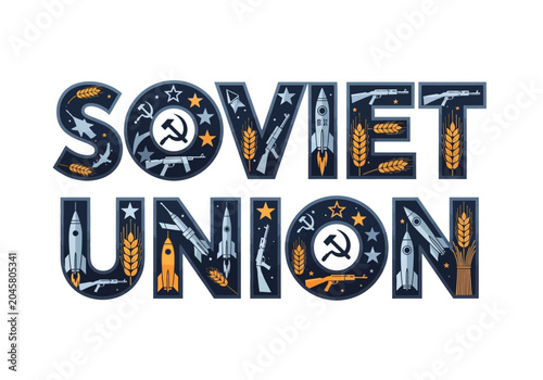 Photography Retro Soviet Union Typographic Art Featuring Hammer and Sickle, Space Rockets, a