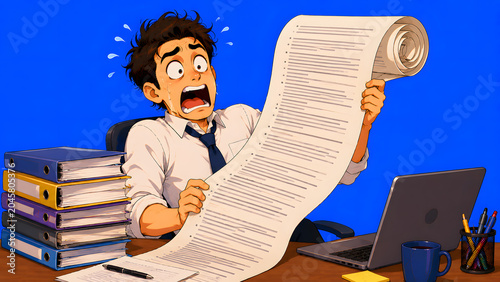 Anime man shocked by a long scroll of tasks at his office desk, depicting extreme work stress.