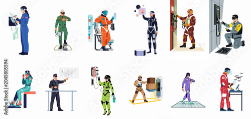 Canvastavla A collection of diverse futuristic characters, pilots, and technicians in specialized uniforms using advanced technology, control panels, and virtual reality interfaces