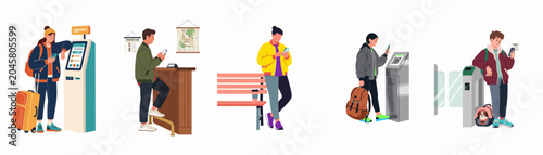 Bilde på lerret Diverse group of travelers using mobile apps, smartphones, and automated kiosks for navigation, translation, and ticketing at a transit terminal flat illustration
