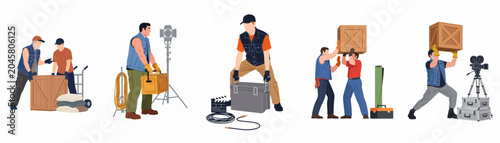 Foto Flat vector illustration set of film crew members and stagehands carrying equipment and setting up a movie production set on white background