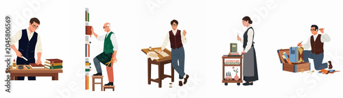 Foto Vector illustration set of people engaged in traditional bookbinding and book restoration activities, featuring craftsmen and women in various workshop scenes