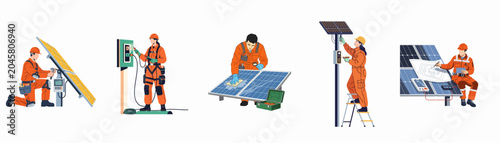 Flat vector illustration set of professional workers installing, maintaining, and repairing solar panels and renewable energy systems on a white background.