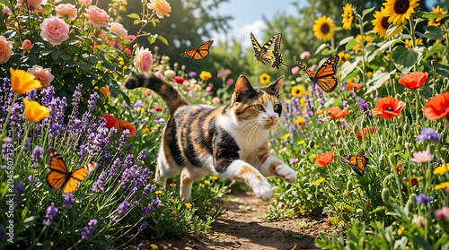 A playful calico cat runs through a vibrant garden filled with colorful flowers and butterflies