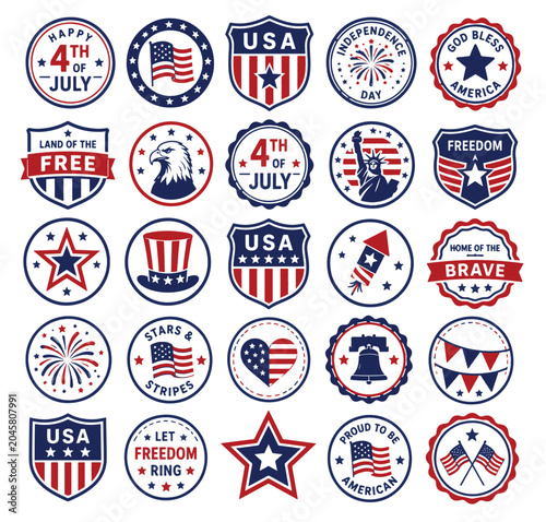 Collection of usa patriotic badges and emblems, independence day circular symbols