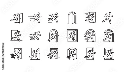 Silhouette figures running through doorways in a modern outline graphic design concept