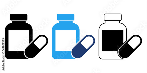 Valokuva Medicine bottle and capsule pill icon set vector for healthcare website layout,