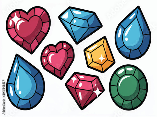 Tableau sur toile Cartoon colorful gemstones and hearts on white background  various precious ston