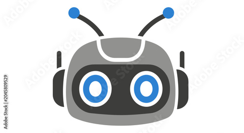A simple illustration of a friendly gray robot with blue eyes and antennas