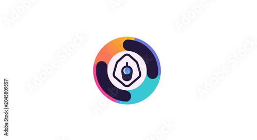 A colorful circular graphic design featuring a central abstract icon element