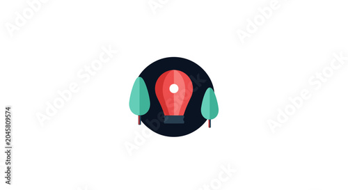 A flat vector illustration of a red light bulb icon with two green trees