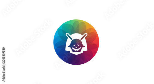 A colorful circular icon featuring a stylized character face with a wide grin
