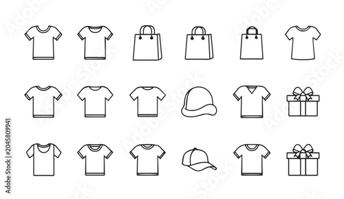 T shirts shopping bags and gift boxes icons set on white background simple flat design