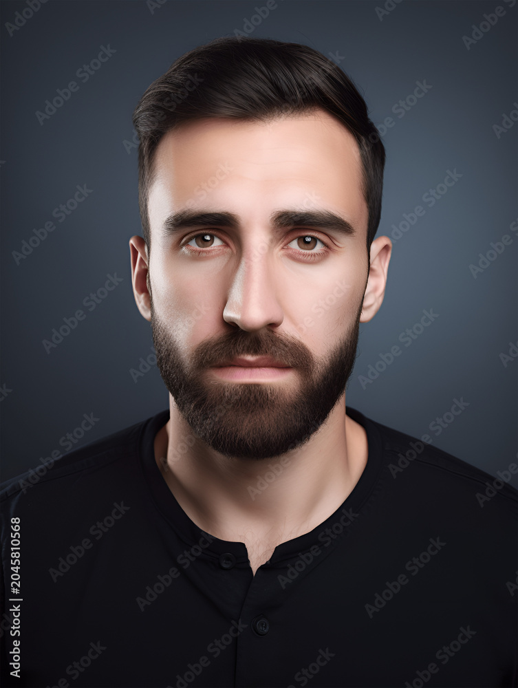 Obraz premium Handsome man with beard and short hair in a black shirt against a dark background
