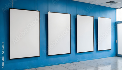 Four empty white posters hang on blue wall. Blank frames, template for art, advertising, or business presentation. Clean, modern interior design, copy space for text or images.