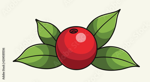 A vibrant red cherry with leaves.